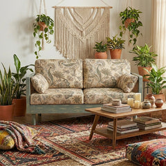 Ethan Solid Wood 2 Seater Sofa with Rattan Cane Work in Printed Fabric
