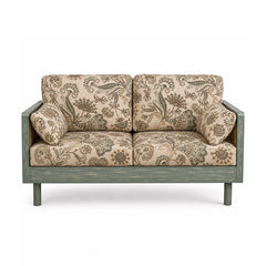 Ethan Solid Wood 2 Seater Sofa with Rattan Cane Work in Printed Fabric
