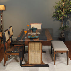 Elena Sheesham Wood Rattn 6 Seater Dining Set in Black & Teak Finish