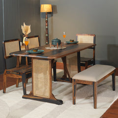 Elena Sheesham Wood Rattn 6 Seater Dining Set in Black & Teak Finish