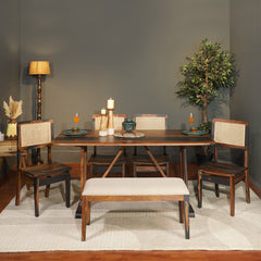 Elena Sheesham Wood Rattn 6 Seater Dining Set in Black & Teak Finish