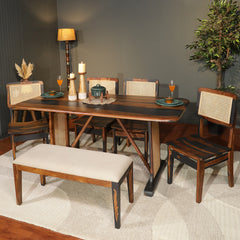 Elena Sheesham Wood Rattn 6 Seater Dining Set in Black & Teak Finish