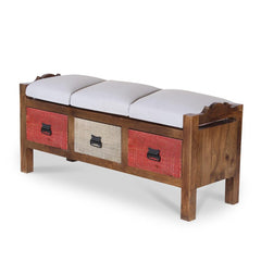 Agnes Solid Wood 3 Drawer Bench with hand woven upholstery