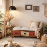 Agnes Solid Wood 3 Drawer Bench with hand woven upholstery