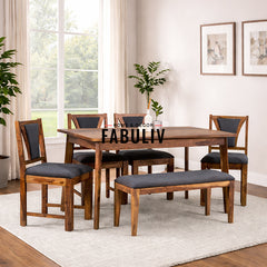 Emilio Sheesham Wood 6 Seater Dining Table with 4 Chairs and 1 Bench