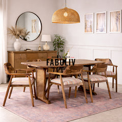 Diego Rattan Sheesham Wood 6 Seater Dining Table with 6 Chairs