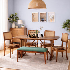Elena Sheesham Wood Rattn 6 Seater Dining Table with 4 Chairs and 1 Bench