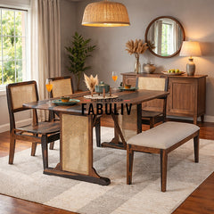 Elena Sheesham Wood Rattn 6 Seater Dining Set in Black & Teak Finish