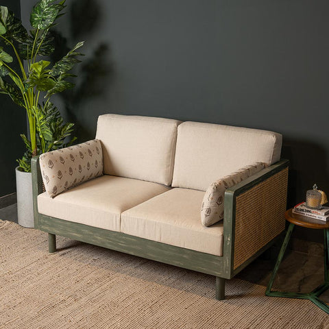 Ethan Solid Wood 2 Seater Sofa with Rattan Cane Work - Fabuliv