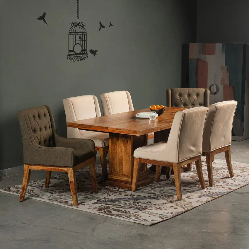 Enrico Solid Wood Six Seater Dining Set with Linen Fabric