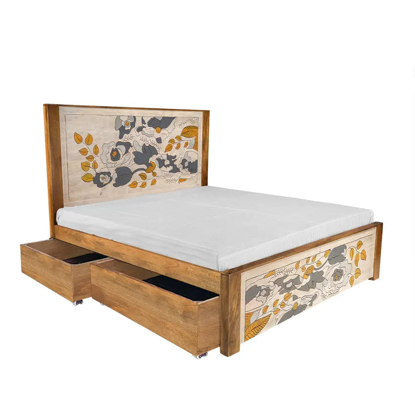 Solid Wood Bed with Hand Carving