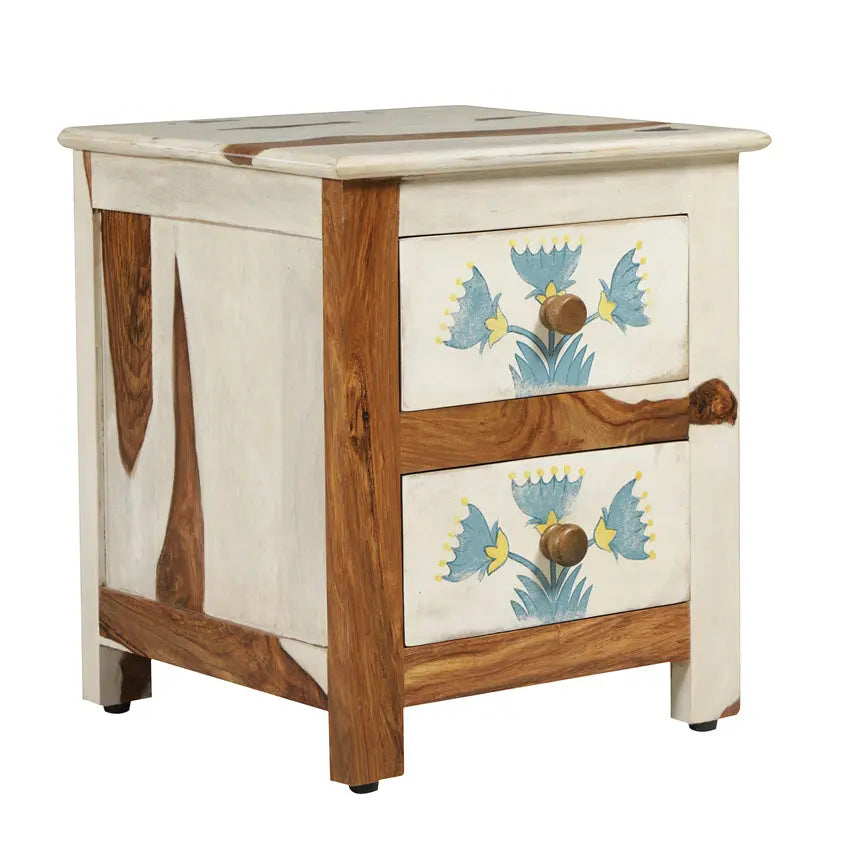 Solid Sheesham Wood Bedside Table with Hand Painting