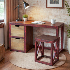 Paol Solid Wood Study Table with Stool in Vintage Red Finish