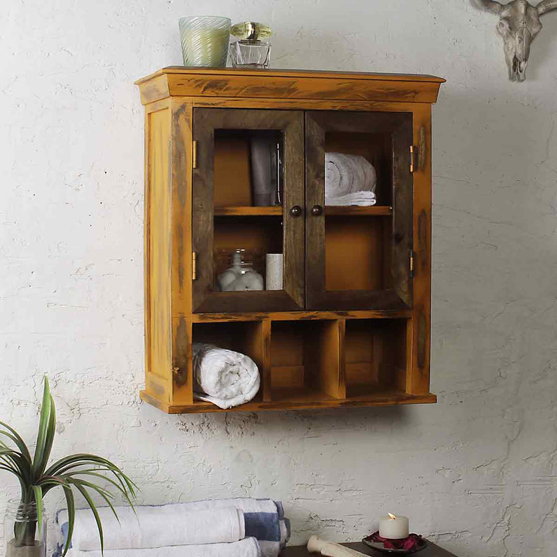 Solid Wood Distress Yellow Double Door Bathroom Cabinet 1