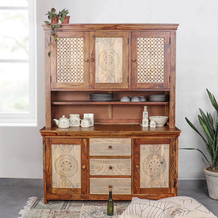 Dravidian Hand Carved Solid Wood Buffet & Sideboard Cabinet