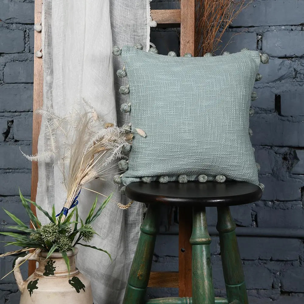 Handwoven Mint Green Cotton Cushion Cover With Pom-Poms