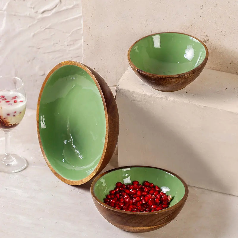 Olive Green Wooden Serving Bowl in 3 Sizes - Fabuliv