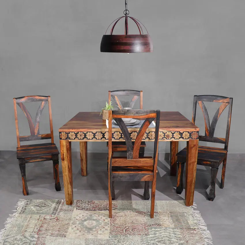 Victoire Solid Wood 4 Seater Dining Set with Hand Carving