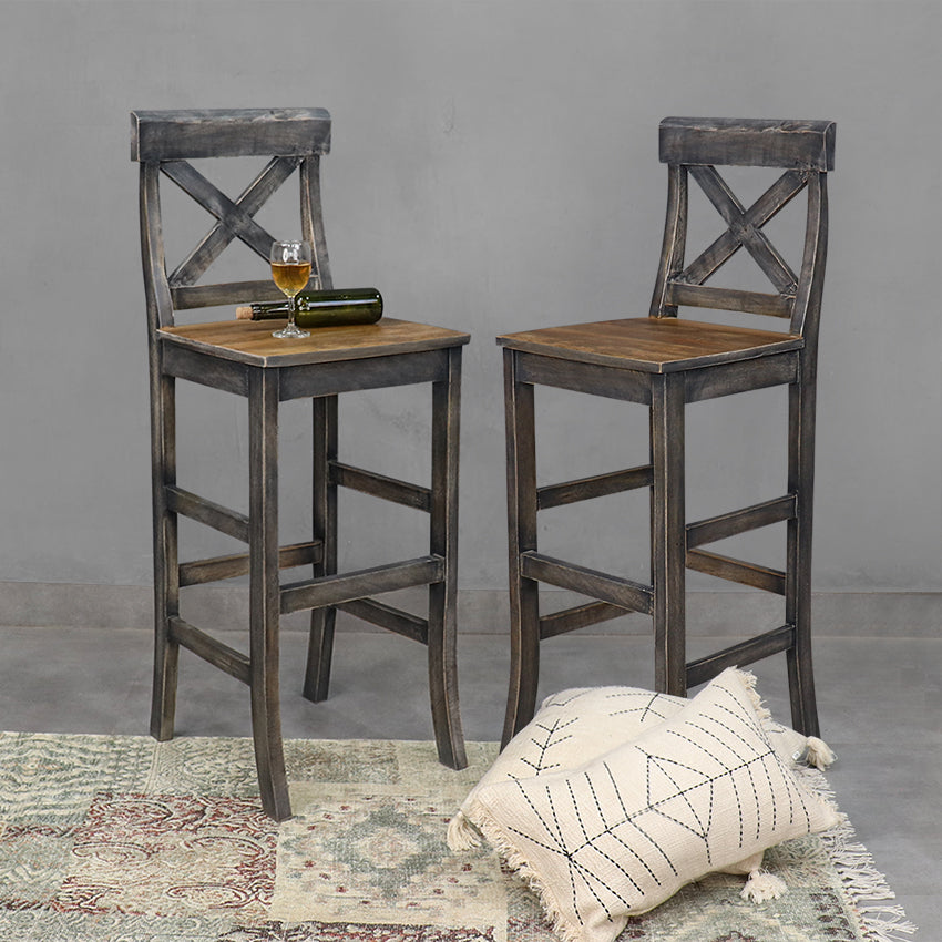 Delfina Solid Wood Bar Stool in Black and Teak Finish Set of 2