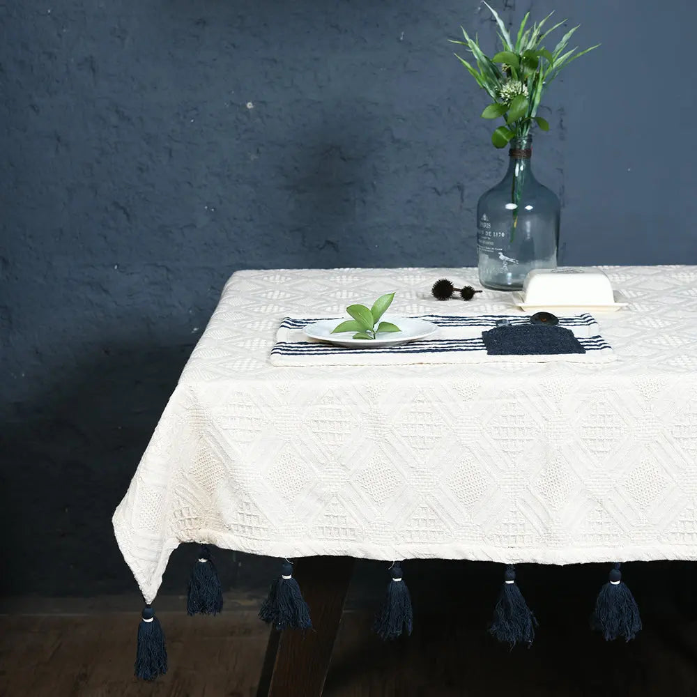 Cream Woven cotton table cloth with Tassels