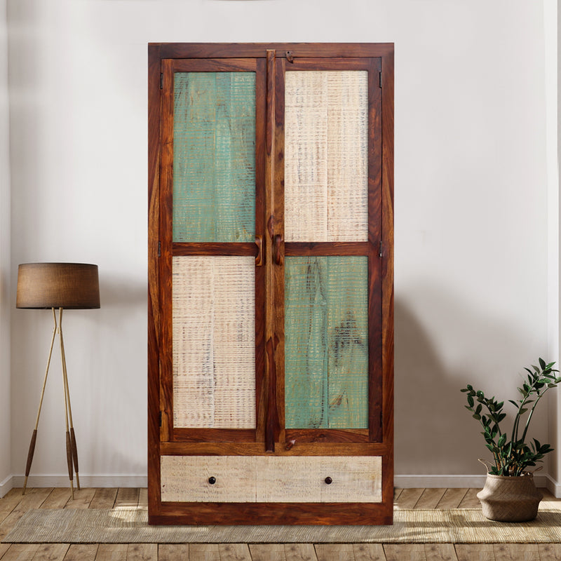 Noric Handcarved 2 Door Wardrobe with Wheel Castor - Fabuliv