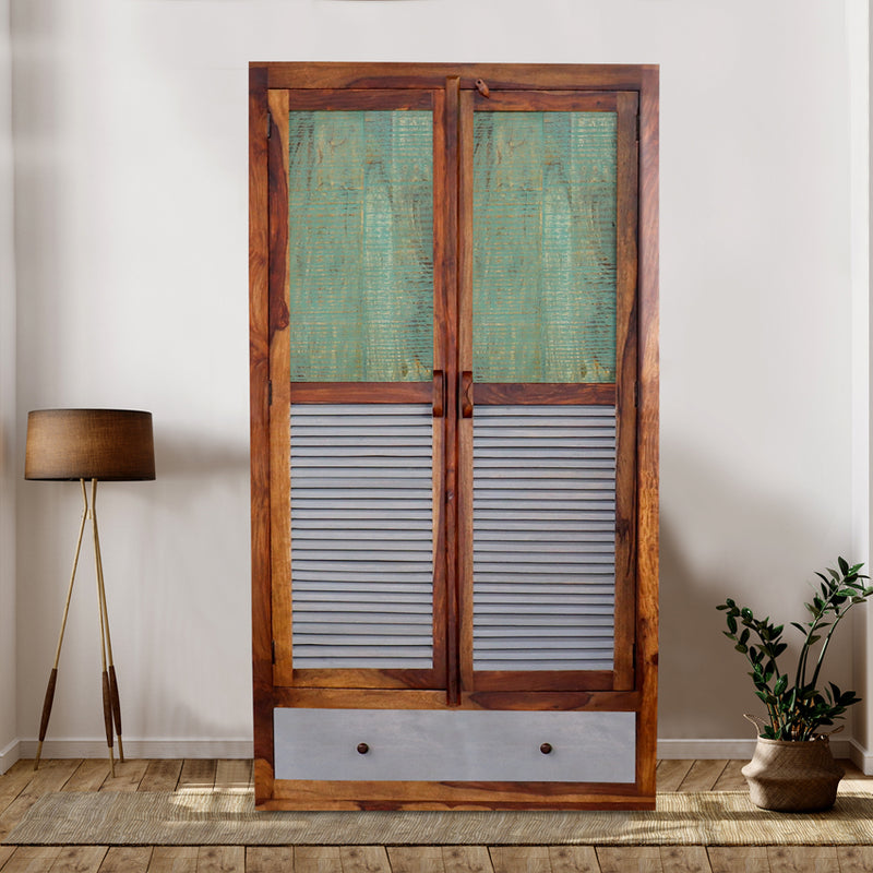 Noric Caspean Handcarved 2 Door Wardrobe with Wheel Castor - Fabuliv