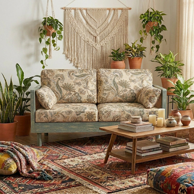Ethan Solid Wood 2 Seater Sofa with Rattan Cane Work in Printed Fabric