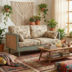 Ethan Solid Wood 2 Seater Sofa with Rattan Cane Work in Printed Fabric