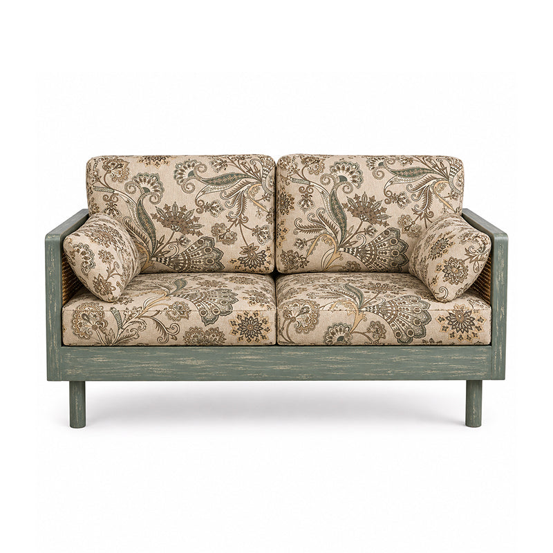 Ethan Solid Wood 2 Seater Sofa with Rattan Cane Work in Printed Fabric