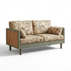 Ethan Solid Wood 2 Seater Sofa with Rattan Cane Work in Printed Fabric