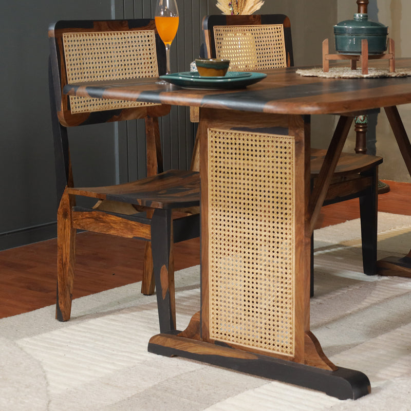 Elena Sheesham Wood Rattn 6 Seater Dining Set in Black & Teak Finish