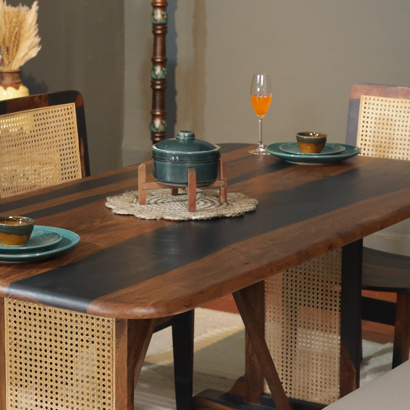 Elena Sheesham Wood Rattn 6 Seater Dining Set in Black & Teak Finish