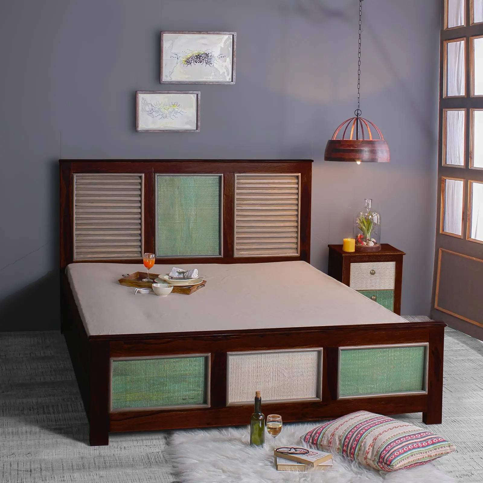 Horace Solid Wood Bed in vintage Finish with Storage