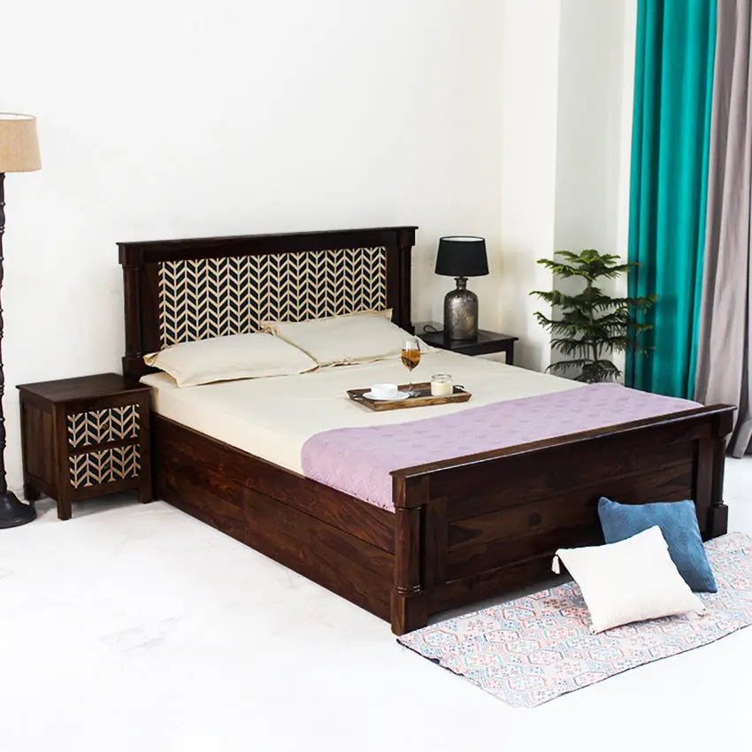 Raison Hand Painted Solid Wood Bed with Storage