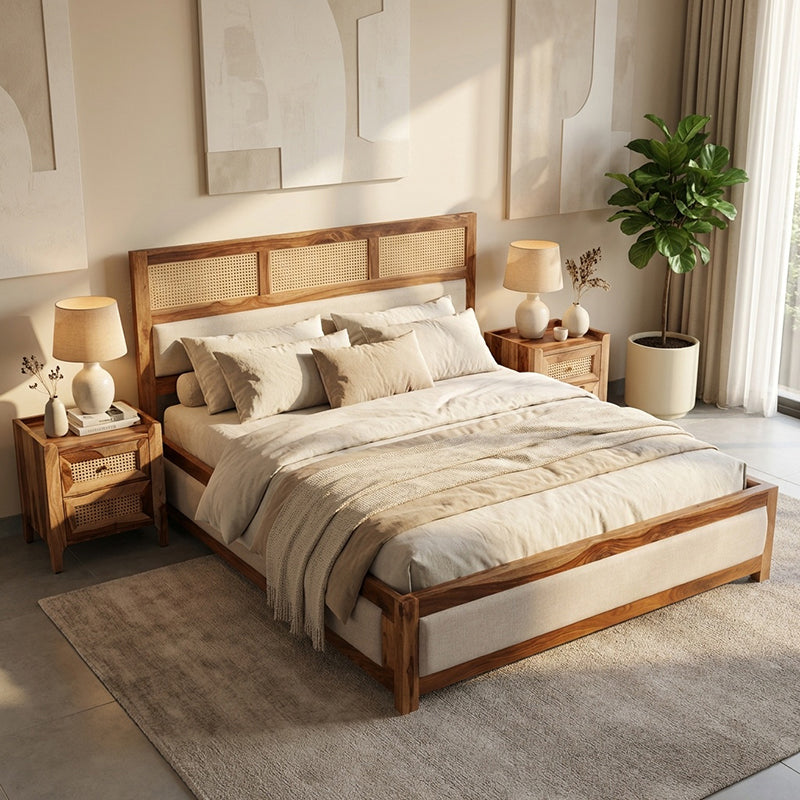 Cavaro Solid Sheesham Wood Bed with Upholstery