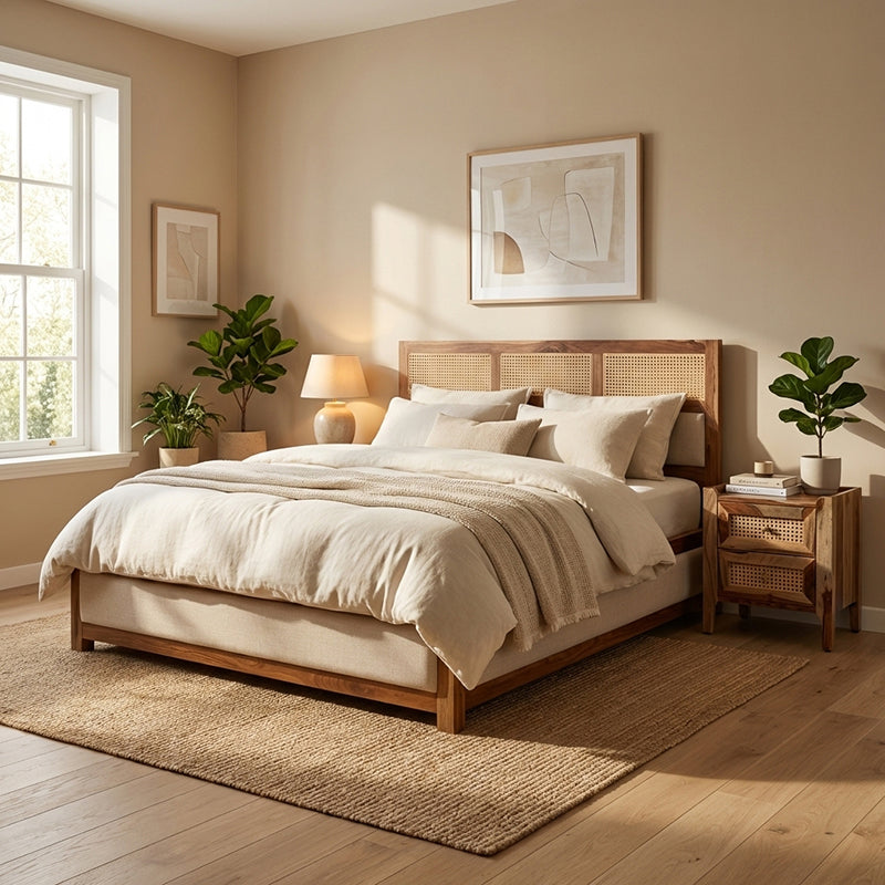 Cavaro Solid Sheesham Wood Bed with Upholstery