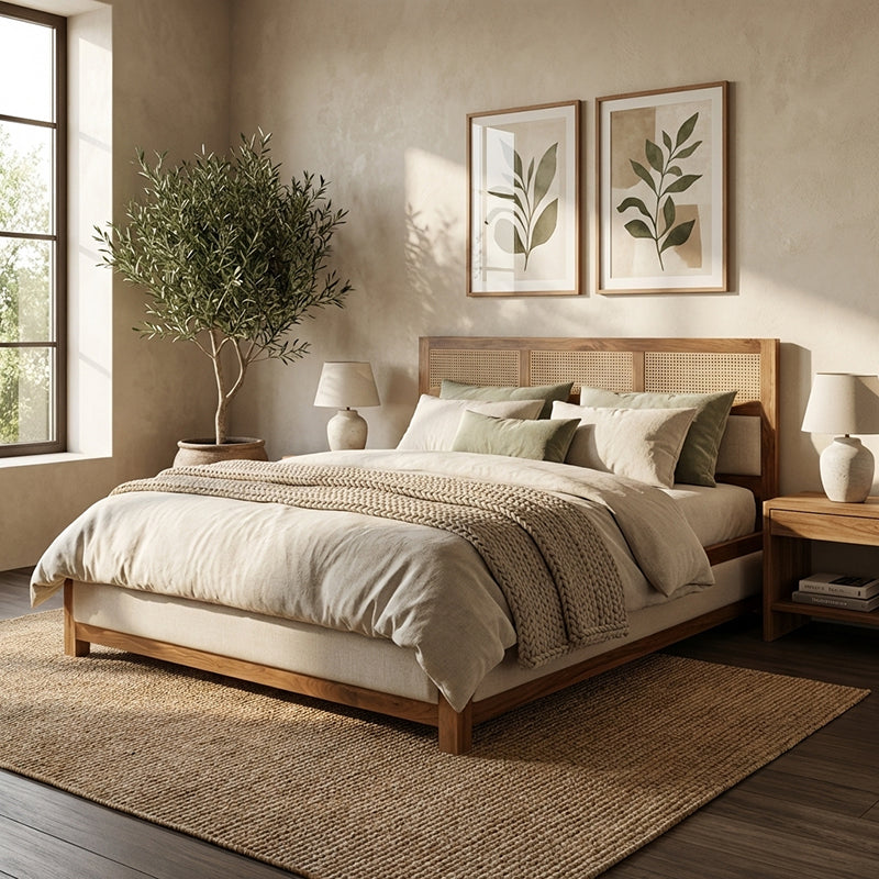Cavaro Solid Sheesham Wood Bed with Upholstery