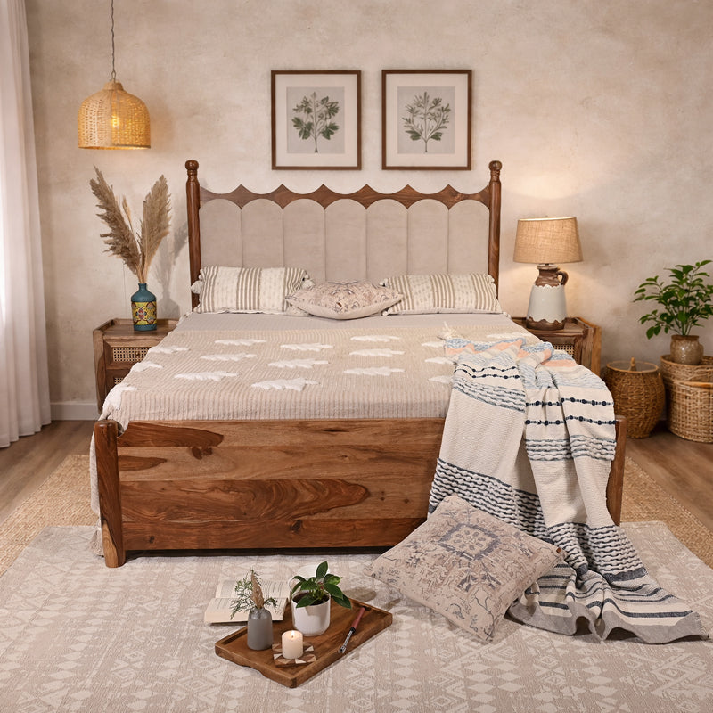 Valora Solid Sheesham Wood Bed with Upholstry