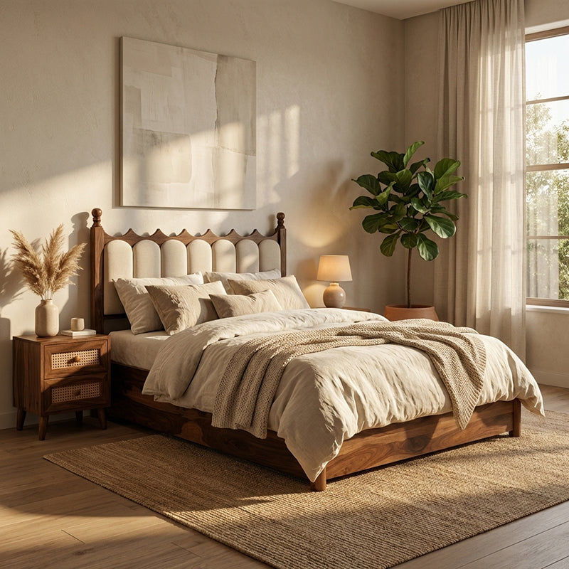 Valora Solid Sheesham Wood Bed with Upholstry