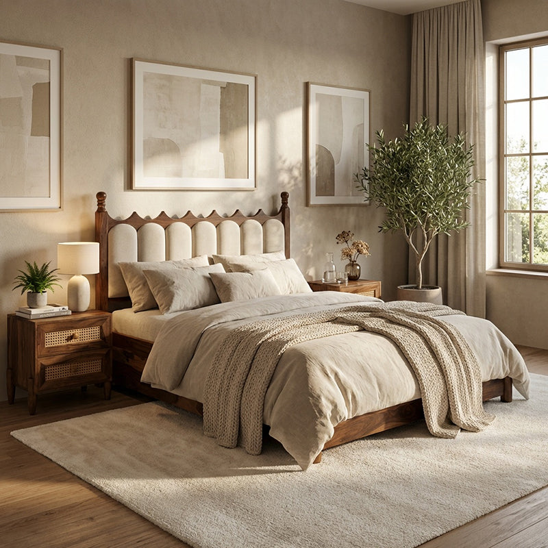 Valora Solid Sheesham Wood Bed with Upholstry