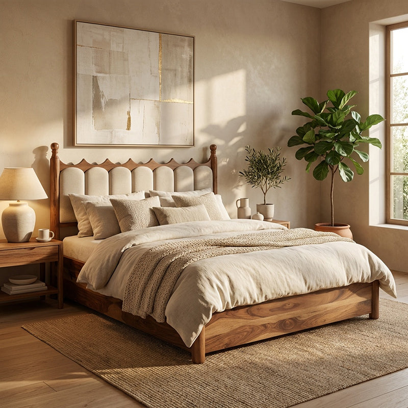 Valora Solid Sheesham Wood Bed with Upholstry