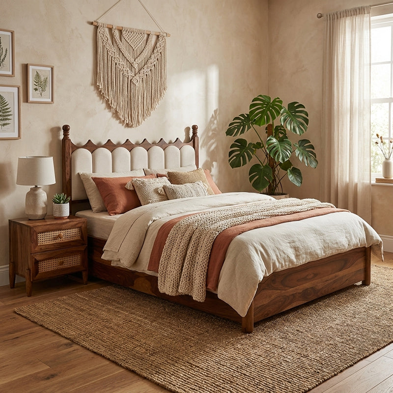 Valora Solid Sheesham Wood Bed with Upholstry