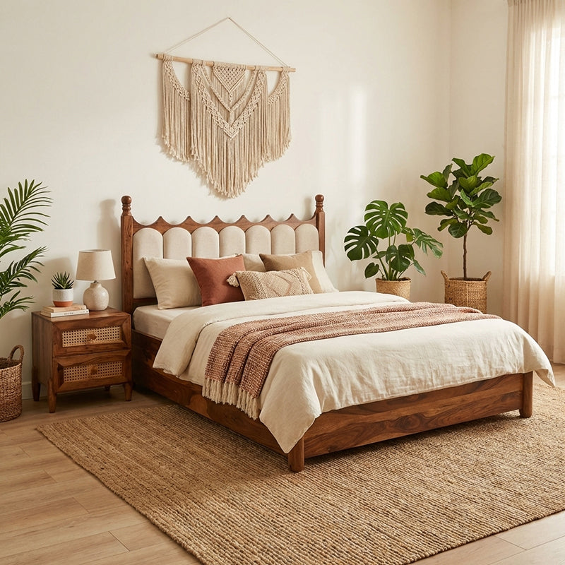 Valora Solid Sheesham Wood Bed with Upholstry