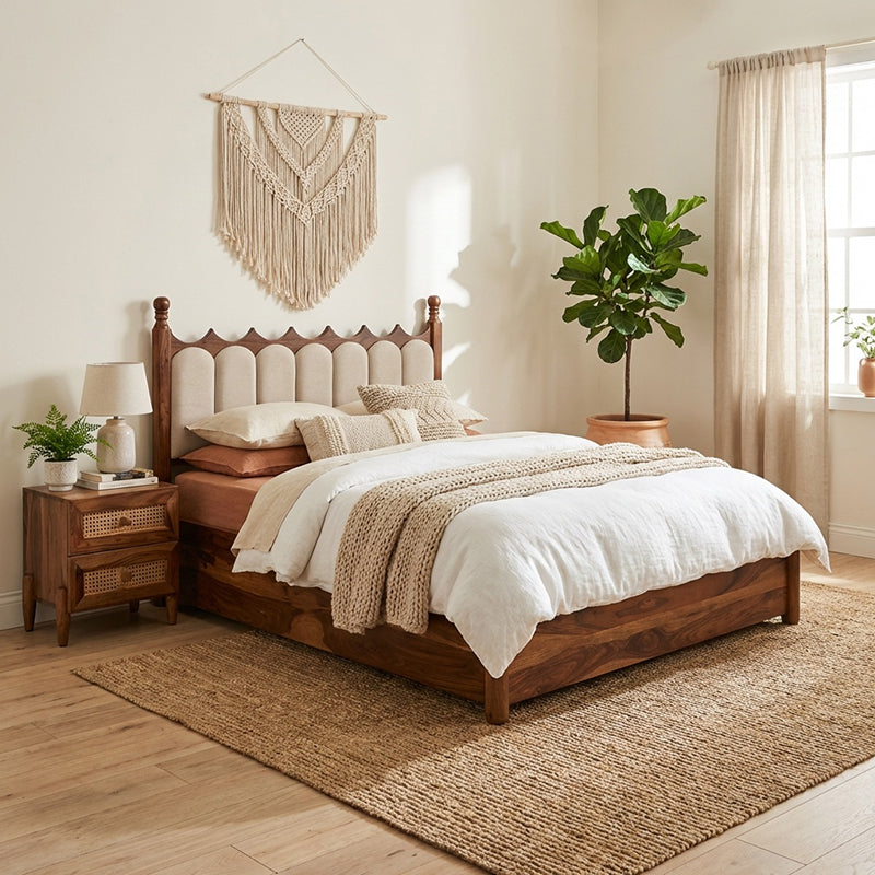 Valora Solid Sheesham Wood Bed with Upholstry