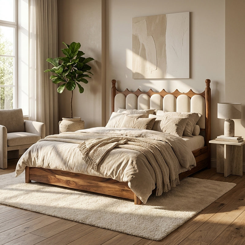 Valora Solid Sheesham Wood Bed with Upholstry