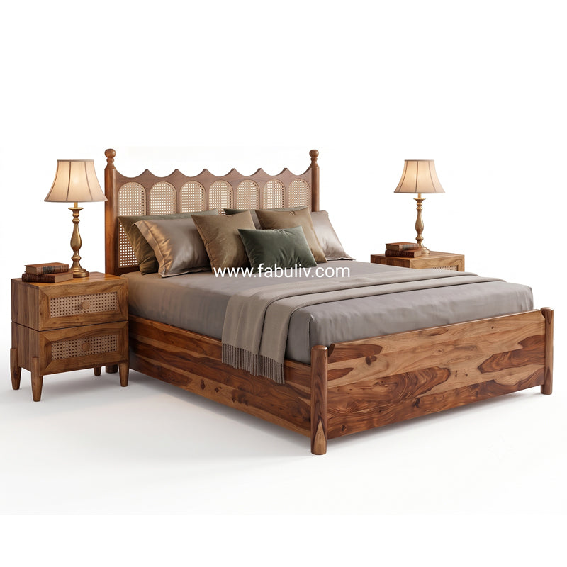 Valora Solid Sheesham Wood Bed with Rattan