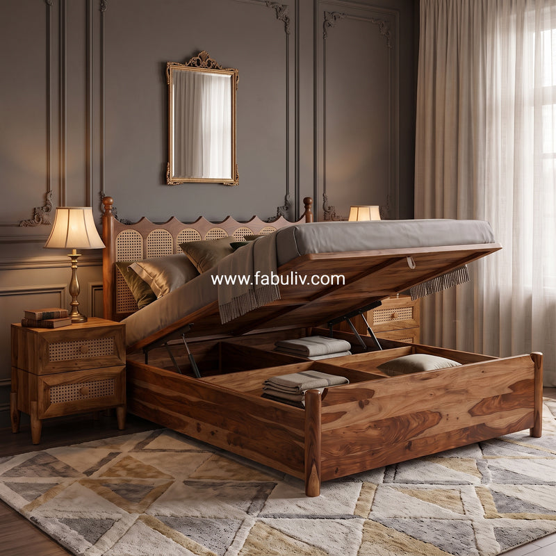 Valora Solid Sheesham Wood Bed with Rattan