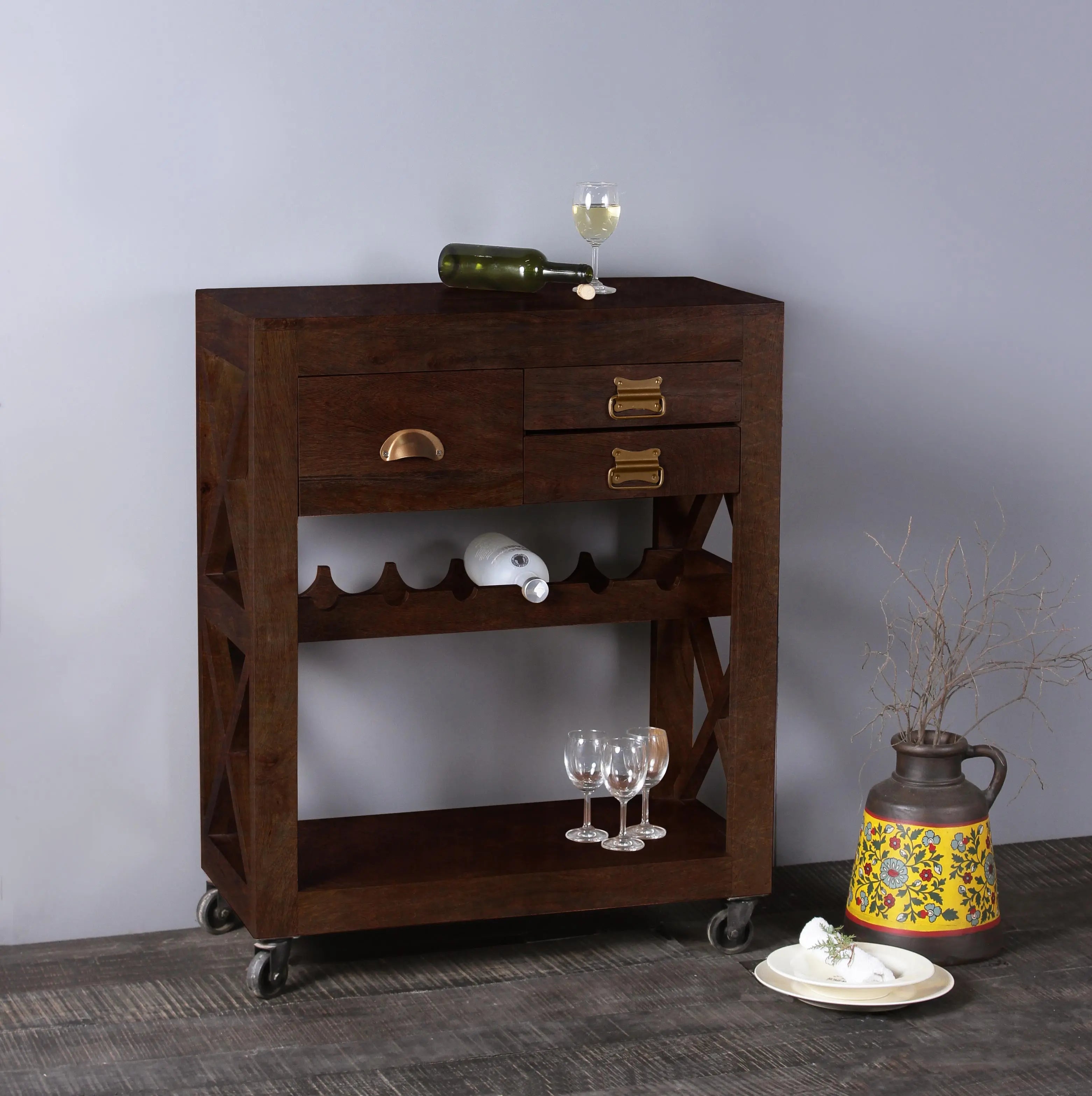 Simon Solid Wood Bar Cabinet Cum Trolly