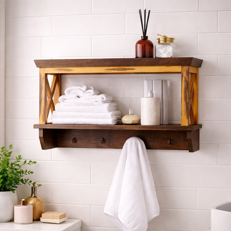 Solid Wood Distress Yellow Bathroom Shelf