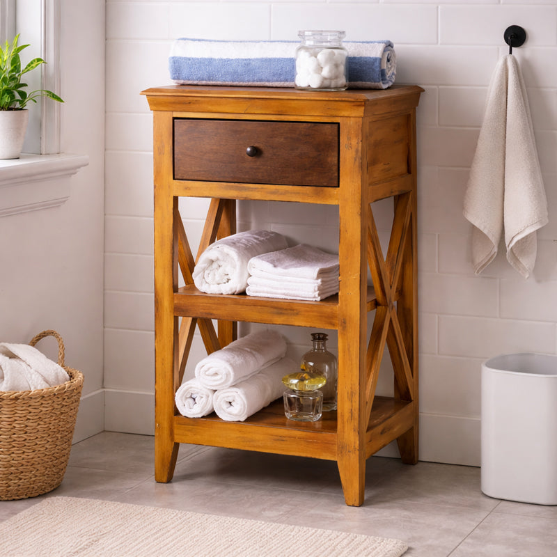 Solid Wood Distress Yellow Bathroom Floor Shelf